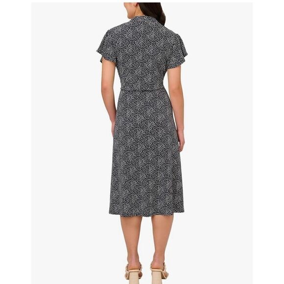 Adrianna Papell Women's M Flutter Sleeve Dot Printed Midi Dress Black White Twee - Picture 3 of 12